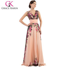 Grace Karin Deep V-Neck Flower Pattern en mousseline de soie longue imprimé floral robes de demoiselle d&#39;honneur CL7502